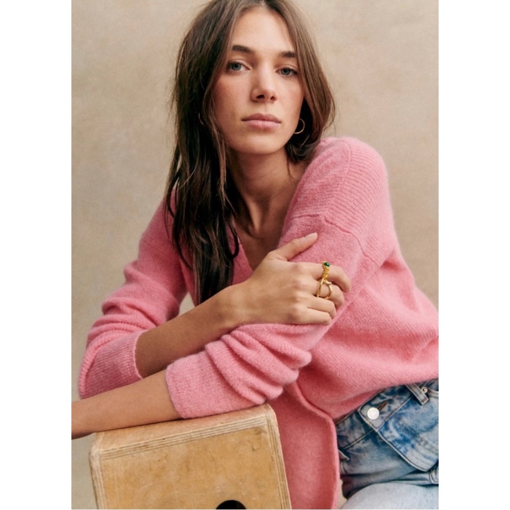 SEZANE NWT Rose Pink Alpaca Mohair Wool Reversible V Neck Barry Cardigan Sweater - Picture 16 of 16